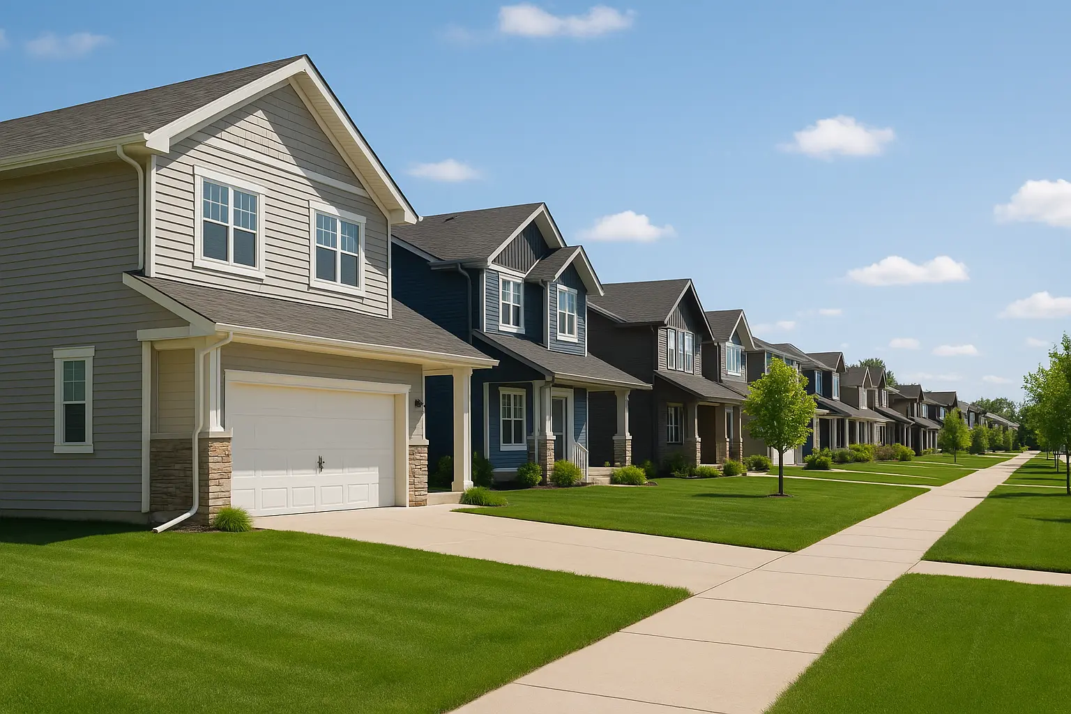 A sunny Saskatchewan suburban neighborhood with detached homes and green lawns representing August 2025 housing market.